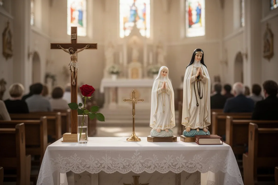 Rose and crucifix beside a Saint Rita statue in a church