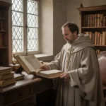 Saint Robert Bellarmine studying theological books in a quiet historical library