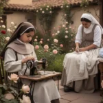 Saint Rose of Lima sewing beside roses while caring for a sick person