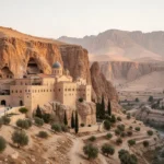 Mar Saba monastery built into desert cliffs near Jerusalem