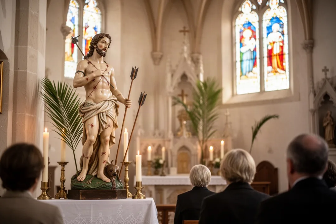 Saint Sebastian statue with arrows and candles inside a historic church