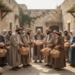 Early Christians distributing food to widows in Jerusalem