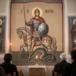 Warrior Saint Theodore icon with spear, shield, horse, and dragon
