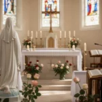 Parish sanctuary with roses prepared for Saint Thérèse feast day