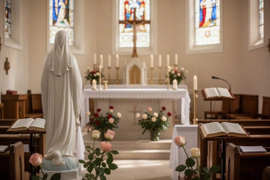 Parish sanctuary with roses prepared for Saint Thérèse feast day