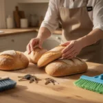 Household symbols associated with Saint Zita including bread, keys, and cleaning tools
