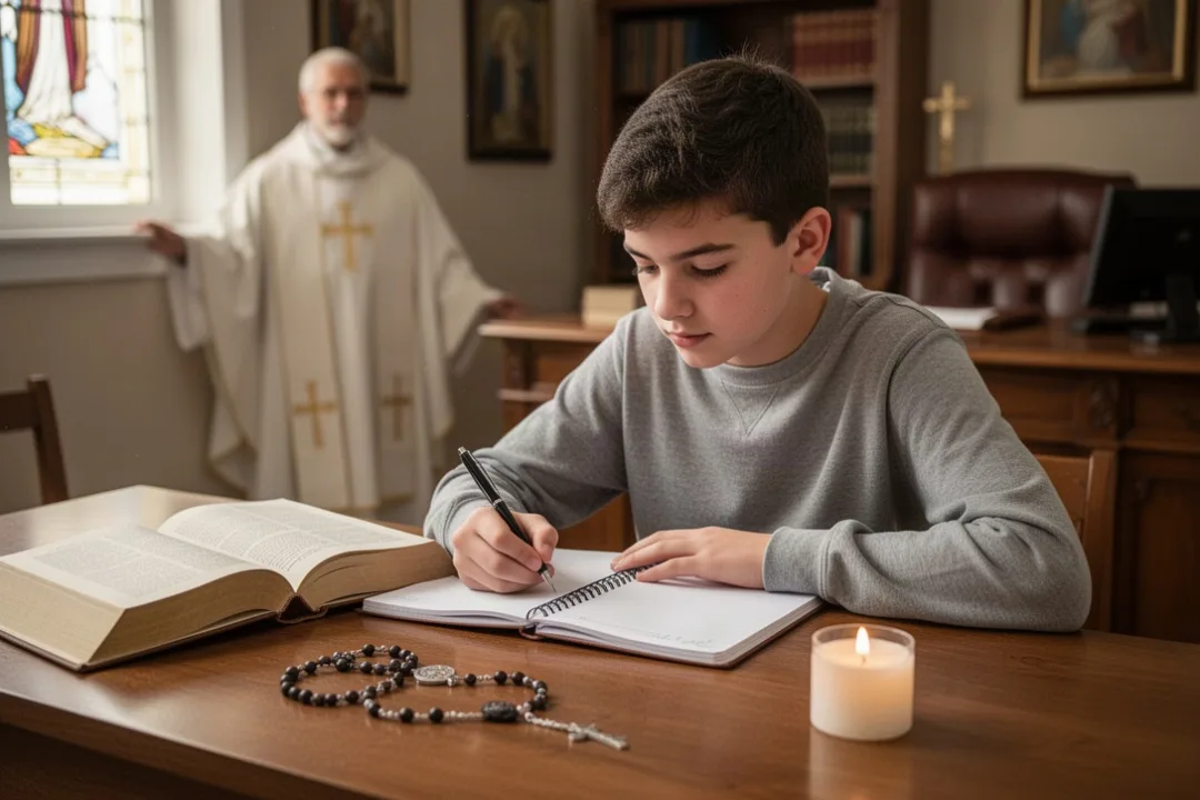 Teenager researching a Confirmation saint beside a notebook and rosary