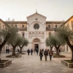 Pilgrims walking through the Basilica of Saint Francis courtyard in Assisi