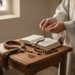 Brown scapular, rosary, and prayer book arranged for Catholic devotion