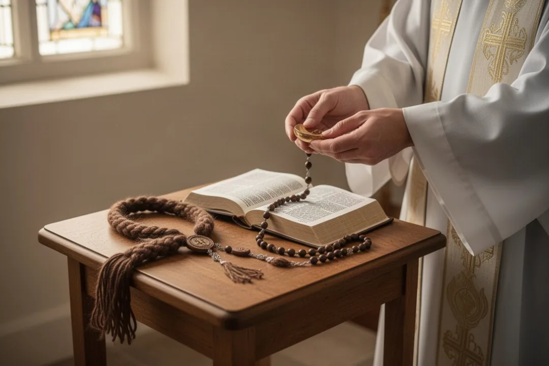 Brown scapular, rosary, and prayer book arranged for Catholic devotion