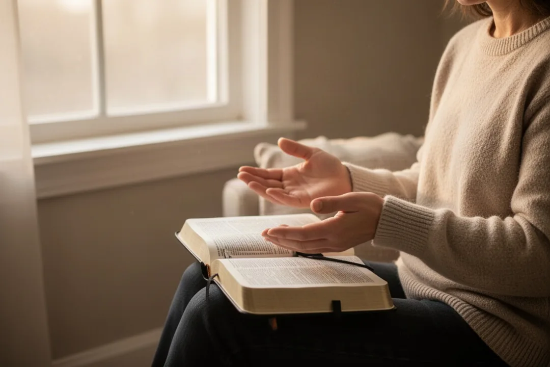 Person praying with open hands beside a Bible and journal