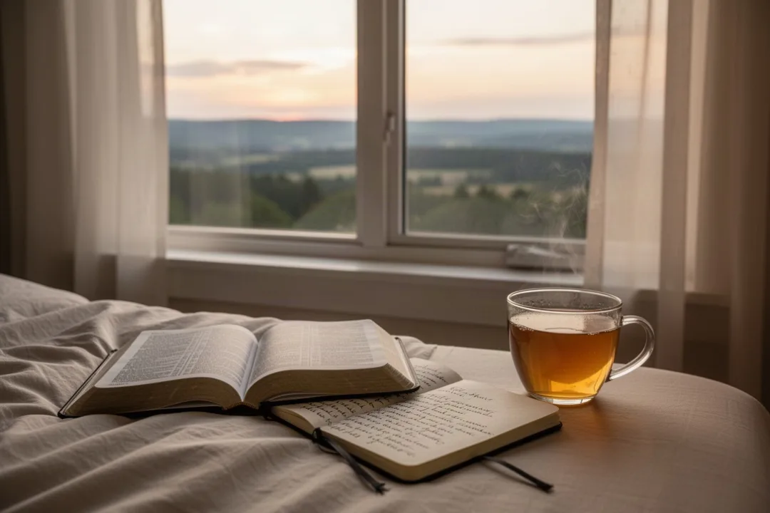 Open Bible and journal by window representing longing and prayer