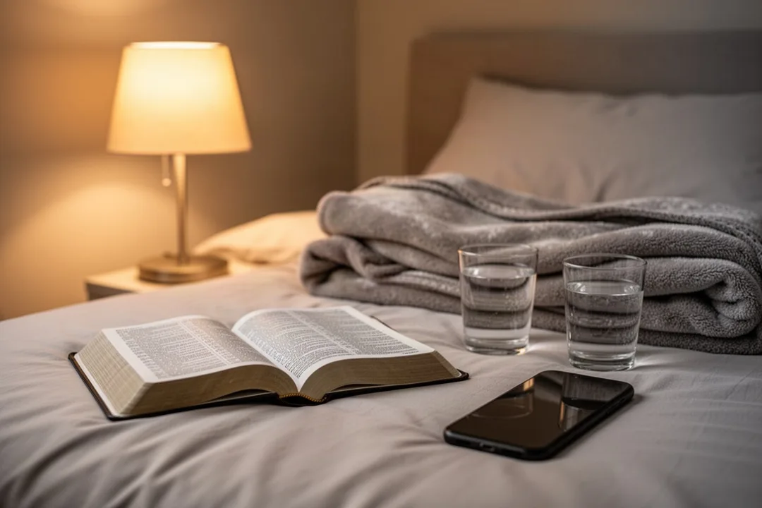 Open Bible, water, and lamp beside a bed prepared for restful prayer