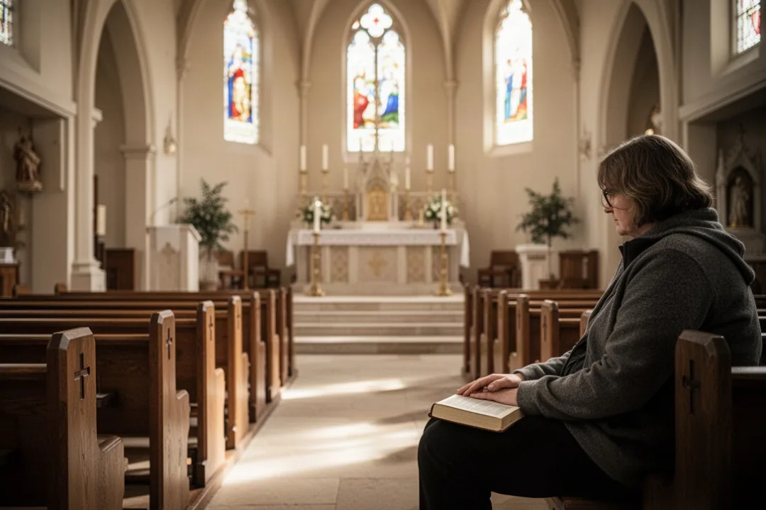 Person practicing calm prayer in a quiet Catholic church
