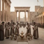 Ancient Jerusalem temple courtyard prepared for worship at dawn