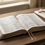 Open Bible divided by ribbon markers beside a notebook