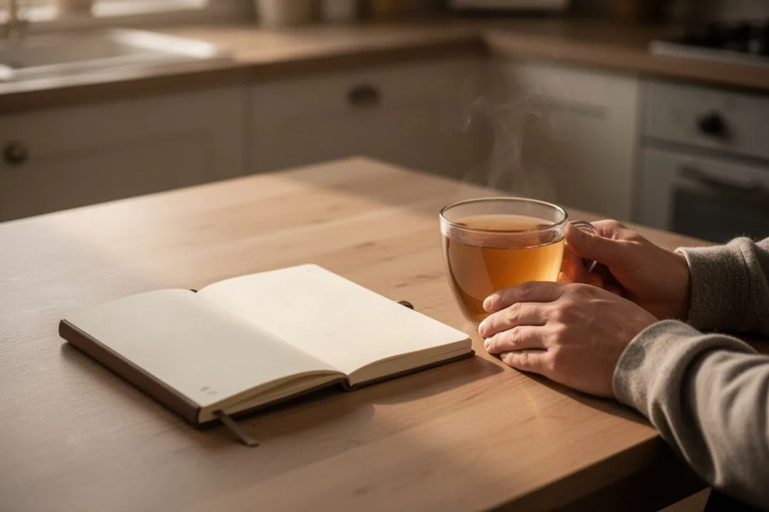 Quiet morning prayer scene with journal, tea, and peaceful natural light