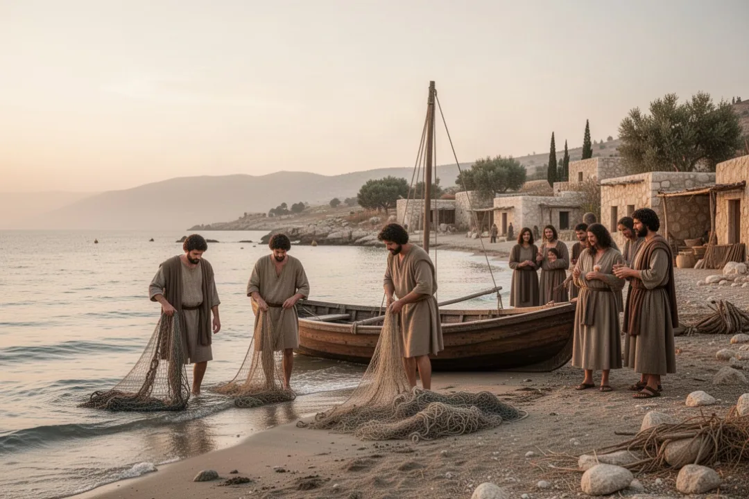Galilean fishermen leaving nets to follow Jesus
