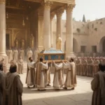 Solomon’s temple dedication in ancient Jerusalem with priests and worshipers