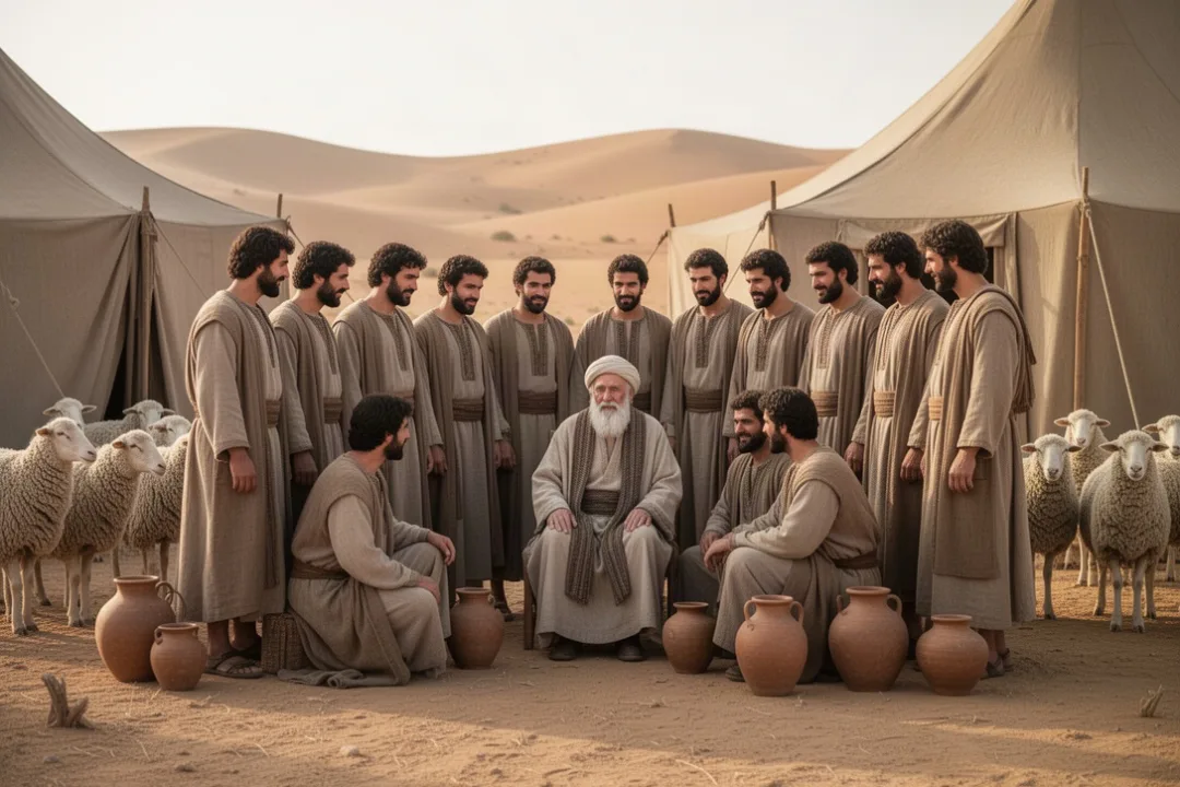 Jacob with his twelve sons beside an ancient Near Eastern camp