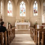 Worshipper praying spiritual communion inside a quiet Catholic church