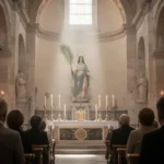Saint Agatha statue with candles inside a historic Sicilian cathedral