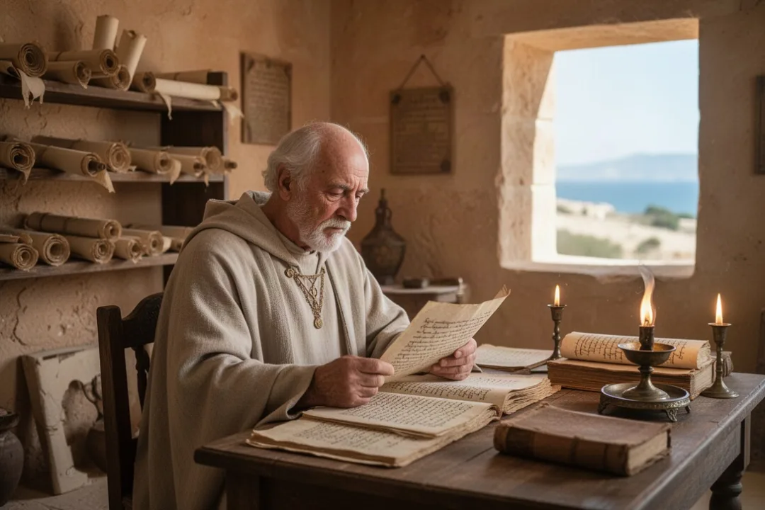 St Augustine reading manuscripts in a late Roman North African study