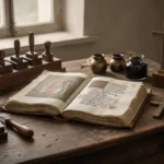 St. Augustine, patron saint of brewers and scholars Manuscript, printing tools, and bishop’s cross in a warm study