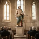 St Bartholomew statue holding a book and knife inside an old church