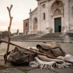 Pilgrim belongings outside a Roman church representing St. Benedict Joseph Labre