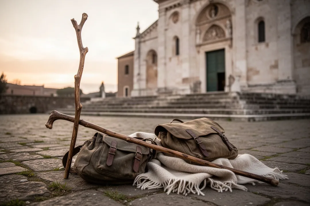 Pilgrim belongings outside a Roman church representing St. Benedict Joseph Labre