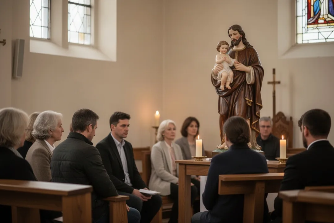 Parishioners praying before a statue of St. Cajetan