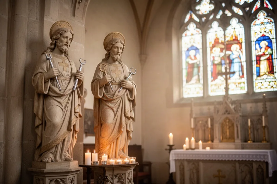 Church altar honoring Cosmas and Damian with medical symbols