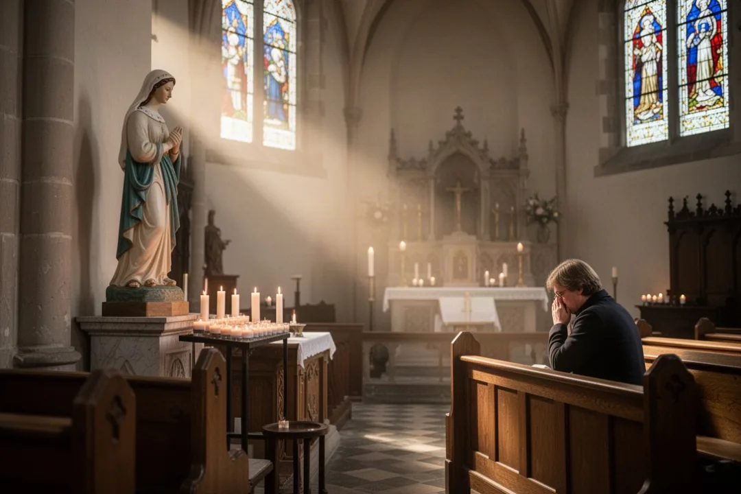Historic Belgian church interior with a statue of St Dymphna
