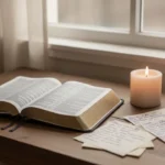 Bible and candle beside handwritten prayer notes in morning light