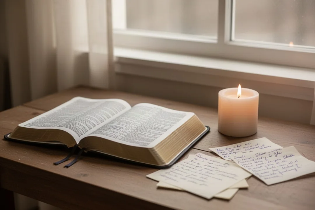 Bible and candle beside handwritten prayer notes in morning light