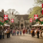 English village celebrating St. George’s Day with flags and folk traditions