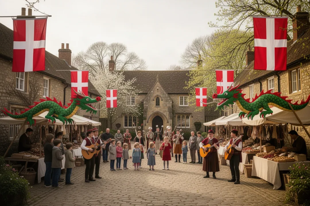 English village celebrating St. George’s Day with flags and folk traditions