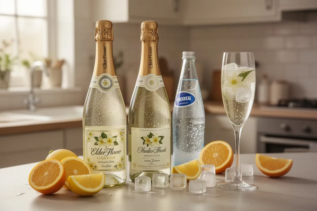 Elderflower liqueur ingredients arranged for a sparkling cocktail