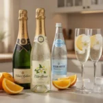 Elderflower liqueur ingredients arranged for a sparkling cocktail