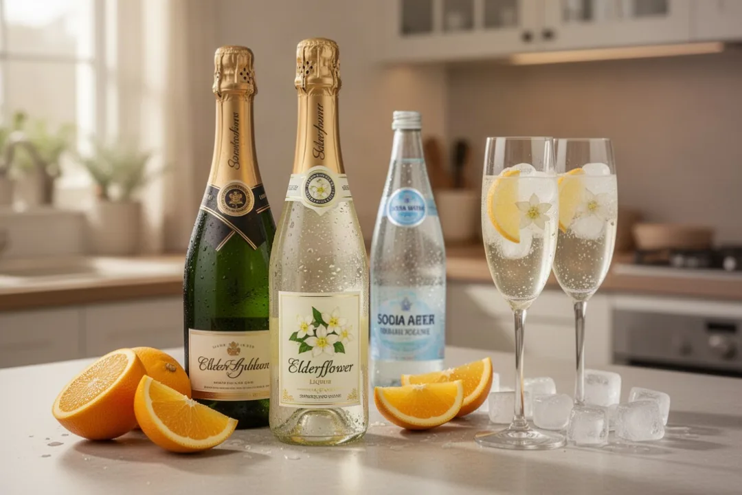 Elderflower liqueur ingredients arranged for a sparkling cocktail