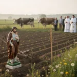 St. Isidore statue beside a field during a rural blessing