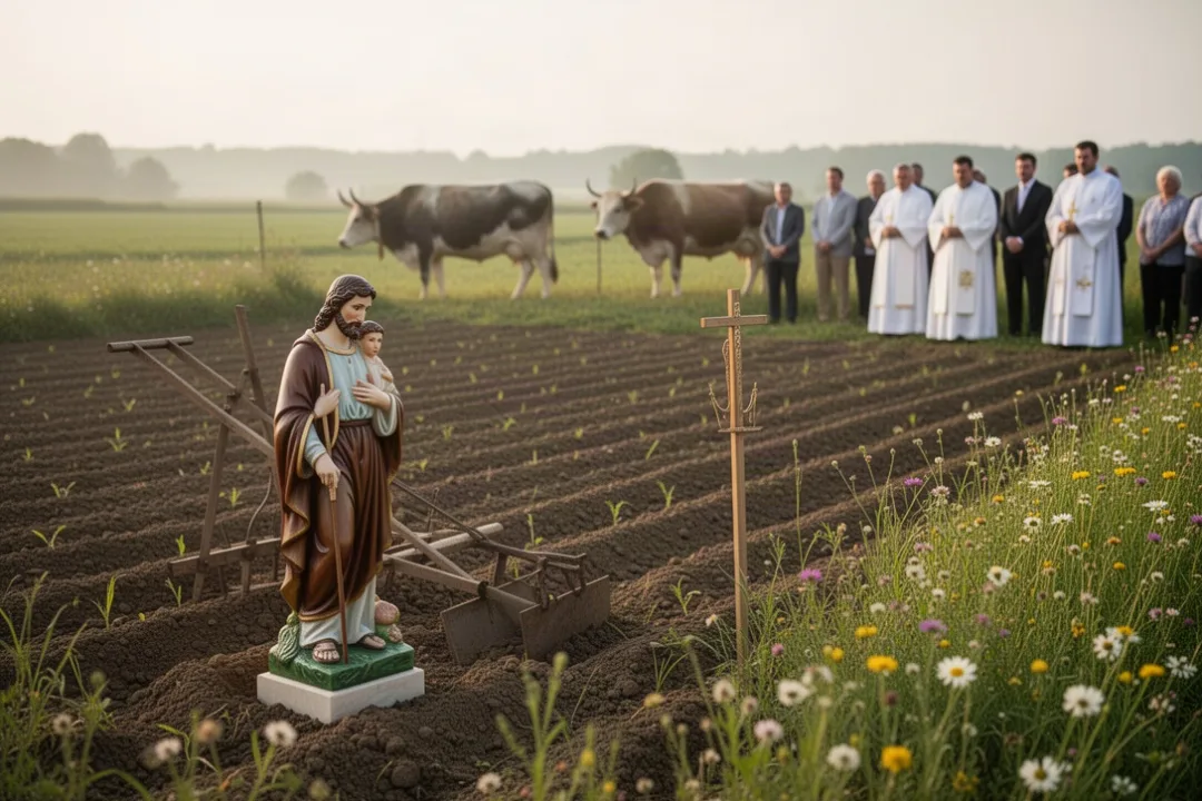 St. Isidore statue beside a field during a rural blessing