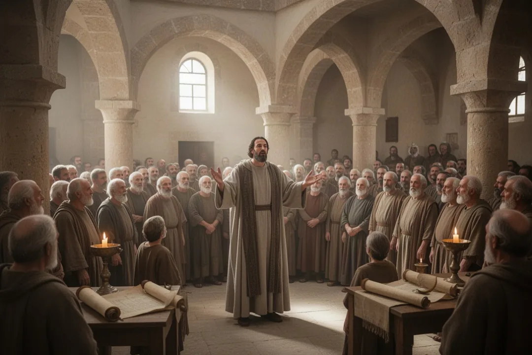 St. John Chrysostom preaching to a crowded congregation in ancient Antioch