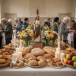 Community St. Joseph’s Table with bread, pastries, flowers, and candles
