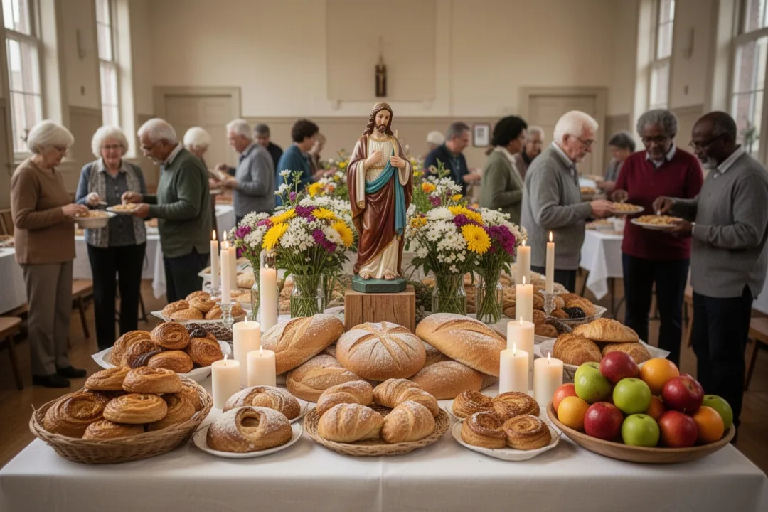 Community St. Joseph’s Table with bread, pastries, flowers, and candles