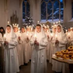 Candlelit Lucia procession with white robes and saffron buns