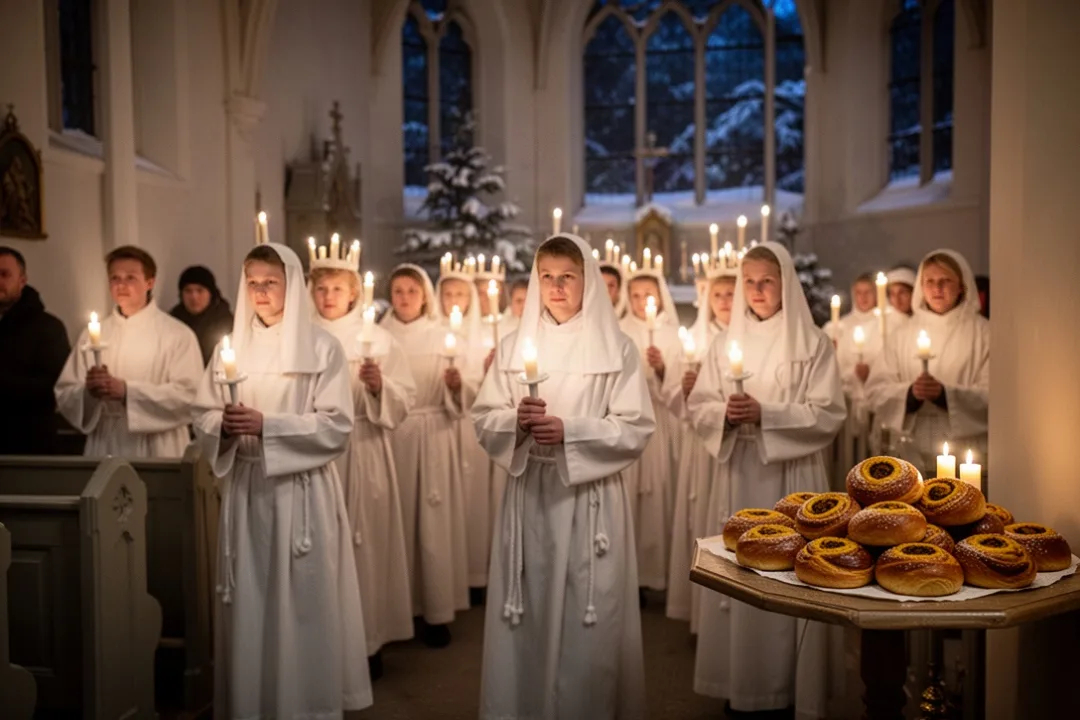 Candlelit Lucia procession with white robes and saffron buns