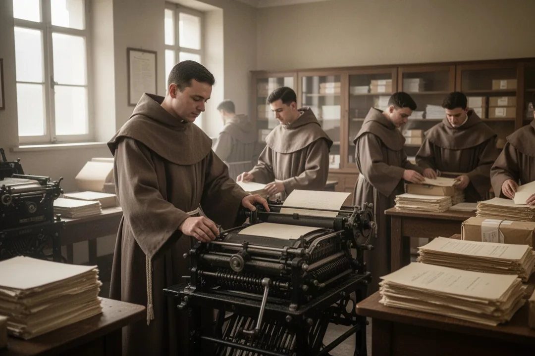 Franciscan friars working in a historic religious printing room