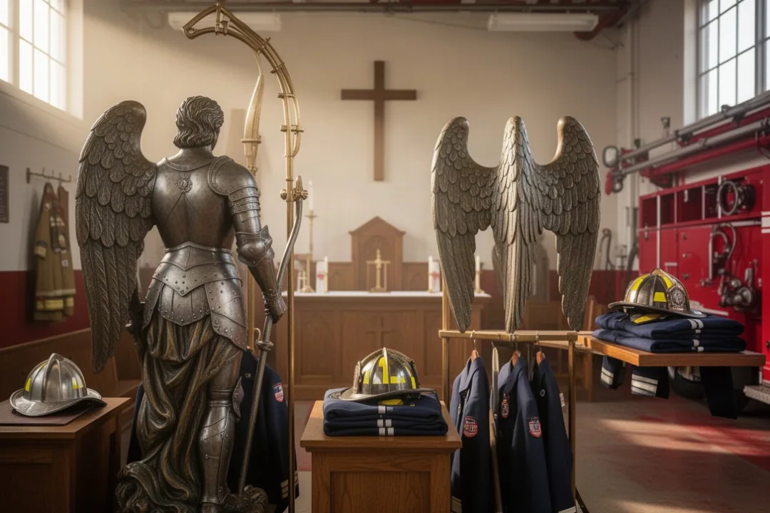 St. Michael statue beside firefighter equipment in a quiet chapel